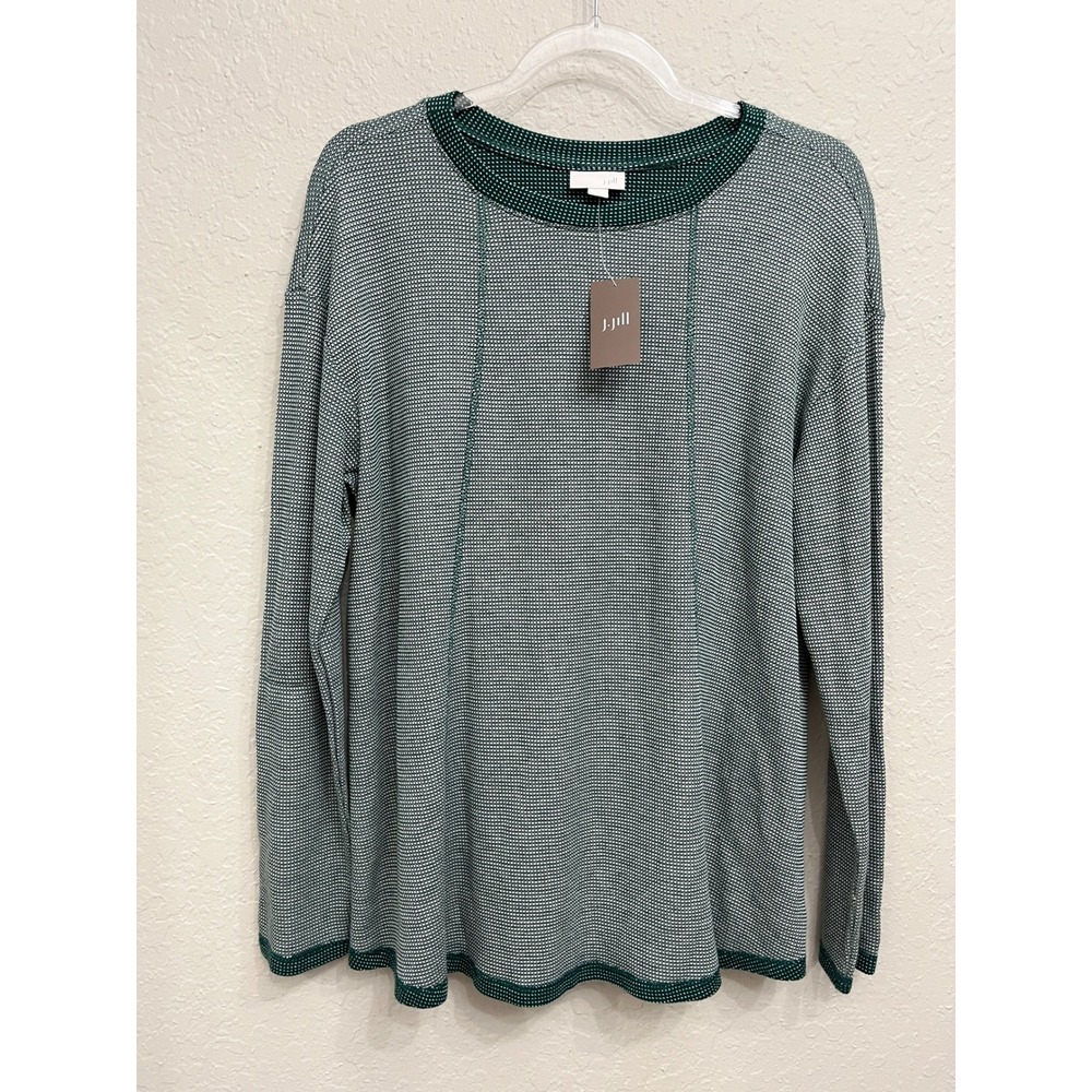New J. Jill Knit Top Large Green Long Sleeve Textured Crew Neck Soft Stretch